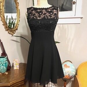 Vintage 90s Little Black Dress‎ Petite Lace Beaded Cocktail Dress Sleeveless - 2